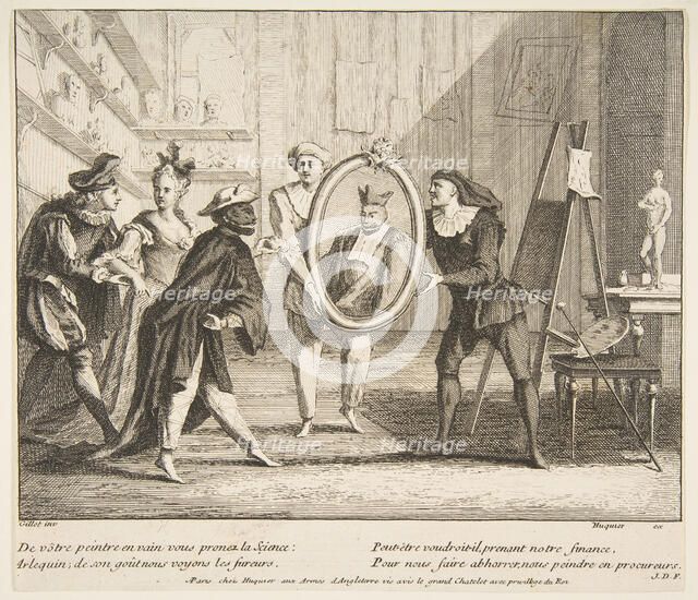 Pierrot and Scaramouche show the portrait of Harlequin.n.d. Creators: Claude Gillot, Jacques Gabriel Huquier.