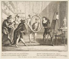 Pierrot and Scaramouche show the portrait of Harlequin.n.d. Creators: Claude Gillot, Jacques Gabriel Huquier