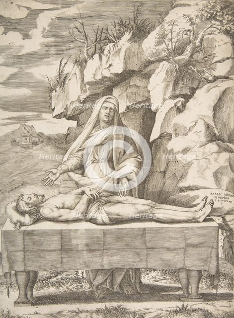 Pieta, Christ stretched out on a table in a landscape, the Virgin standing behind arms ..., 1531-76. Creator: Giulio Bonasone.
