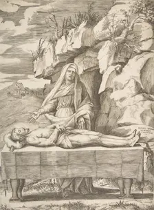 Pieta, Christ stretched out on a table in a landscape, the Virgin standing behind arms ..., 1531-76. Creator: Giulio Bonasone