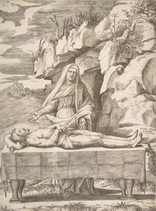 Pieta, Christ stretched out on a table in a landscape, the Virgin standing behind arms ..., 1531-76. Creator: Giulio Bonasone