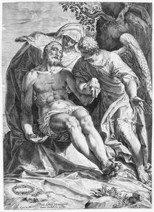 Pieta; Christ supported by the Virgin and an angel at the right, 1582. Creator: Agostino Carracci