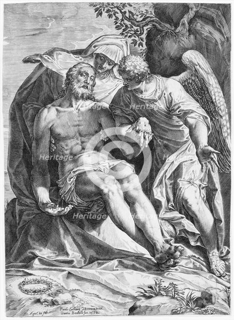Pieta; Christ supported by the Virgin and an angel at the right, 1582. Creator: Agostino Carracci.