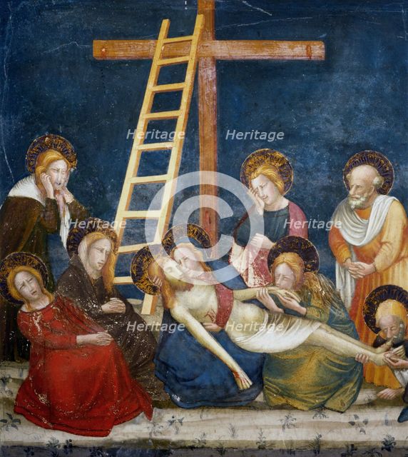 Pietà' Jesus dead in his mother's arms and the Apostles, detail of picture of Ferrer Bassa, prese…