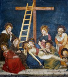 Pietà Jesus dead in his mother's arms and the Apostles, detail of picture of Ferrer Bassa, prese…