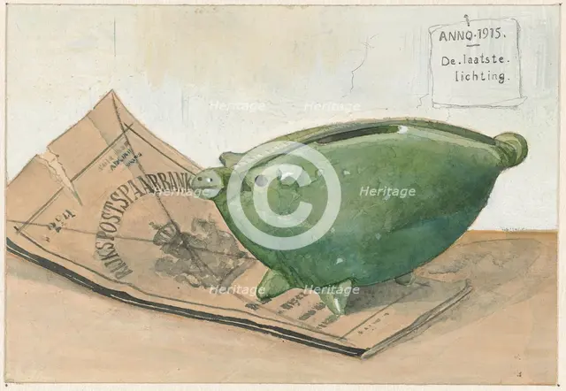 Piggy bank and savings bank booklet, 1915. Creator: Frans Everbag.