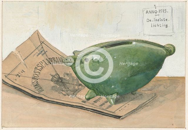 Piggy bank and savings bank booklet, 1915. Creator: Frans Everbag.