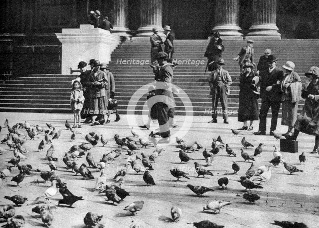 Pigeons in Trafalgar Square, London, 1926-1927. Artist: Unknown