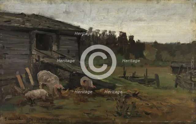 Pigs at the Barn Bridge, 1876. Creator: Gerhard Munthe.