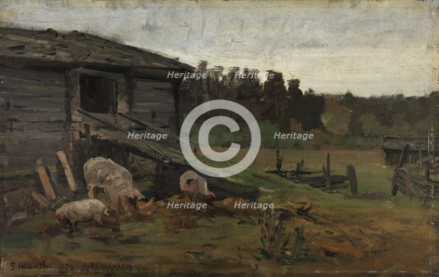 Pigs at the Barn Bridge, 1876. Creator: Gerhard Munthe.