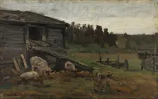 Pigs at the Barn Bridge, 1876. Creator: Gerhard Munthe