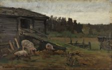 Pigs at the Barn Bridge, 1876. Creator: Gerhard Munthe