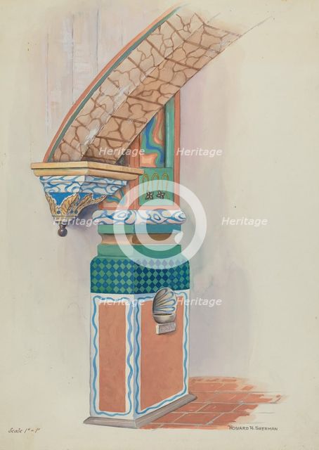 Pilaster with Holy Water-Font & Arch Below Choir Loft, c. 1936. Creator: Howard H. Sherman.