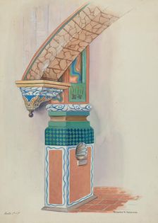 Pilaster with Holy Water-Font & Arch Below Choir Loft, c. 1936. Creator: Howard H. Sherman