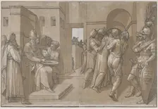Pilate at the left washing his hands (left side of sheet), 1585. Creator: Andrea Andreani