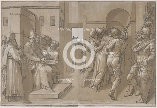 Pilate at the left washing his hands (left side of sheet), 1585. Creator: Andrea Andreani.