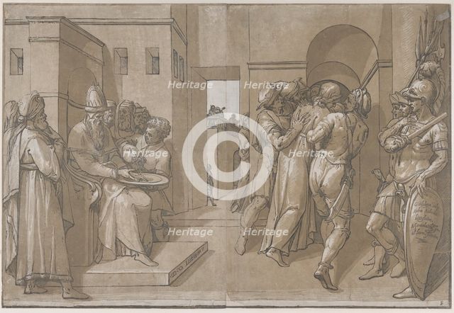 Pilate at the left washing his hands (left side of sheet), 1585. Creator: Andrea Andreani.
