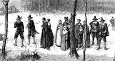 Pilgrim Fathers on their way to church, 1620