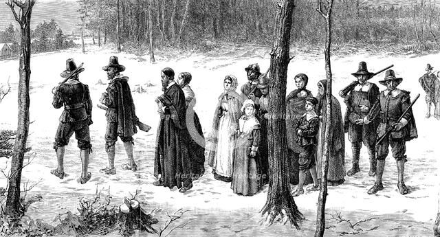 Pilgrim Fathers on their way to church, 1620. Artist: Unknown