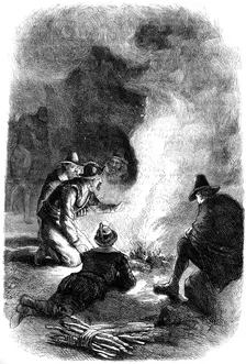 Pilgrim Fathers around a watch-fire, c1620 (c1880)