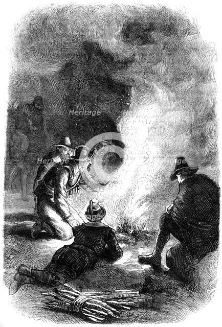 Pilgrim Fathers around a watch-fire, c1620 (c1880). Artist: Unknown