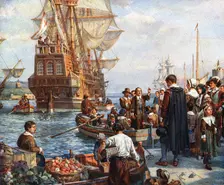 Pilgrim Fathers boarding the Mayflower