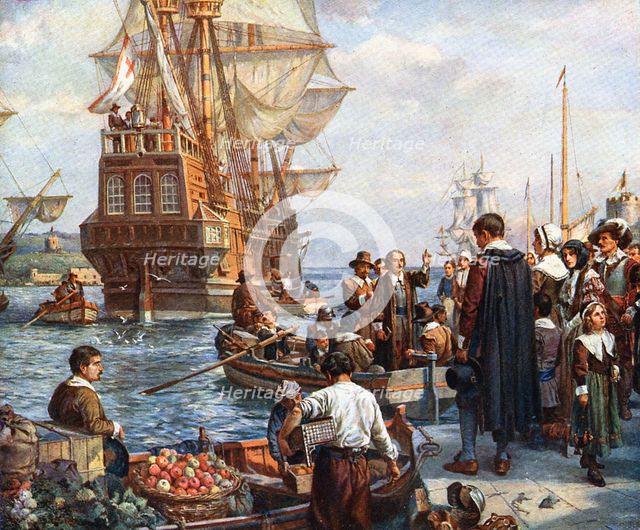 Pilgrim Fathers boarding the Mayflower. Artist: Unknown