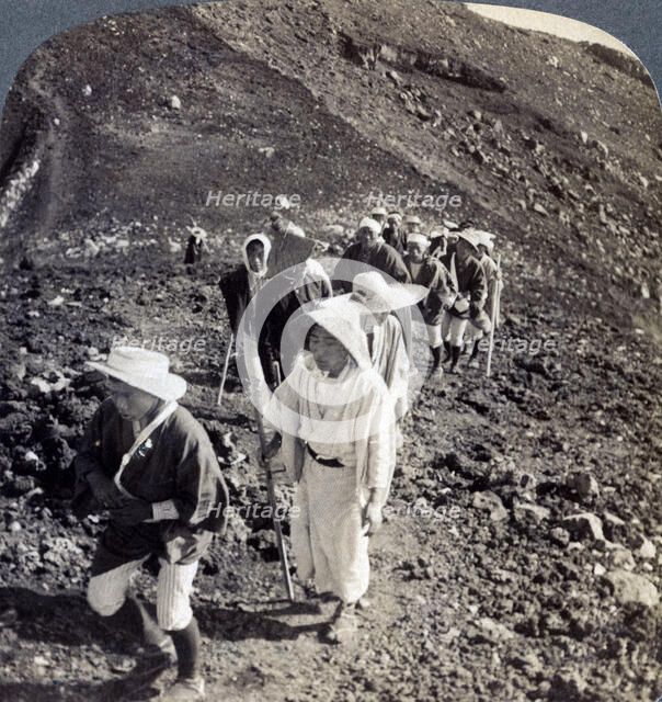 Pilgrims at the end of their ascent of Mount Fuji (Fujiyama), Japan, 1904.Artist: Underwood & Underwood