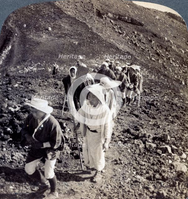 Pilgrims at the end of their ascent of Mount Fuji (Fujiyama), Japan, 1904.Artist: Underwood & Underwood