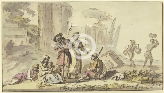 Pilgrims resting near ruins, 18th century. Creator: Jean-Baptiste Lallemand.