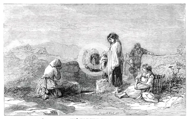 Pilgrims to the Holy Well - by F.W. Topham - from the new water colour exhibition, 1845. Creator: W. J. Linton.