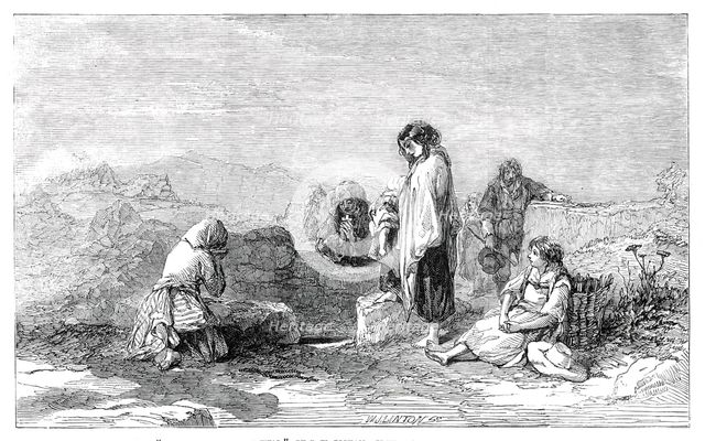 Pilgrims to the Holy Well - by F.W. Topham - from the new water colour exhibition, 1845. Creator: W. J. Linton.