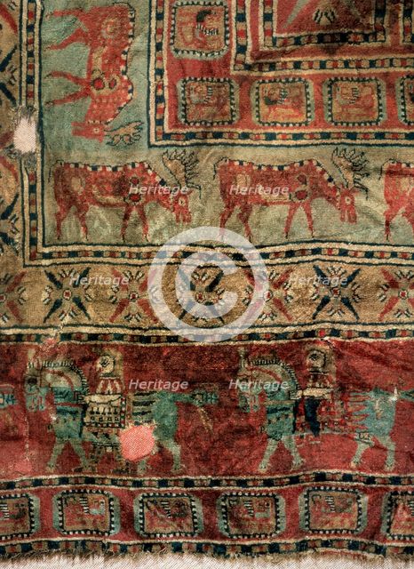 'Pile Carpet (Detail: Fallow deers and horsemen)', 5th-4th century BC. Artist: Unknown