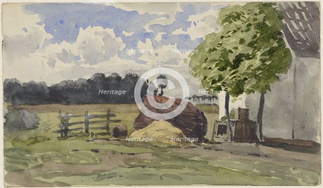 Pile of wood in a pasture at a farm, 1845-1925. Creator: Julius Jacobus van de Sande Bakhuyzen.