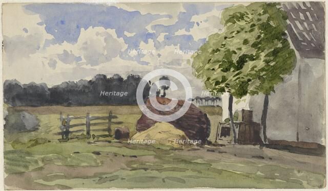 Pile of wood in a pasture at a farm, 1845-1925. Creator: Julius Jacobus van de Sande Bakhuyzen.