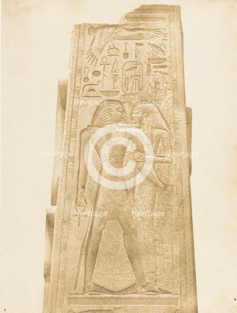 Pilier du Sanctuaire de granit du Palais de Karnac (Bas-relief représentant le Pharaon ..., 1849-50. Creator: Maxime du Camp.
