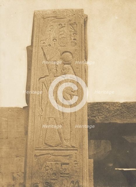 Pilier du Sanctuaire de granit du Palais de Karnac (Bas-relief représentant Thotmès III..., 1849-50. Creator: Maxime du Camp.