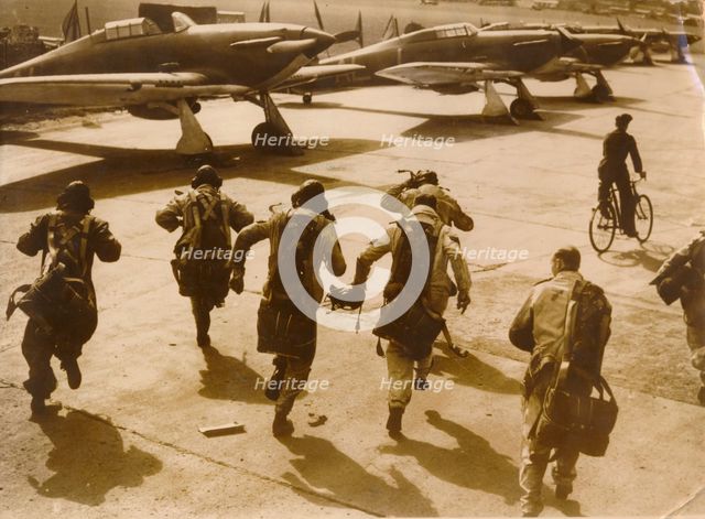 Pilots running to their aircraft, Battle of Britain, 1940. Creator: Unknown.