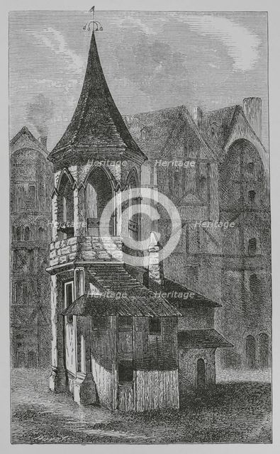 Pillory at Les Halles, Paris, France, 1670, (1878).  Creators: Jules Jean Marie Joseph Huyot, Anon.