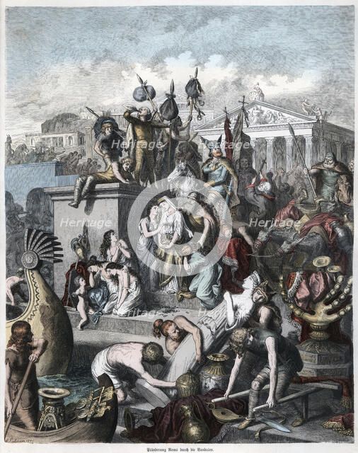 Pillaging and looting of the city of Rome by the Vandals, engraving 1872.
