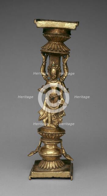 Pillar Support of an Addorsed Female Bodhisattva and an Offering Goddess, 15th century. Creator: Unknown.