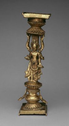 Pillar Support of an Addorsed Female Bodhisattva and an Offering Goddess, 15th century. Creator: Unknown