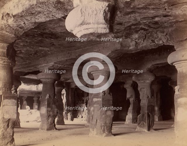 Pillars in the Monolithic Temple at Elephanta, Near Bombay, 1860s-70s. Creator: Unknown.
