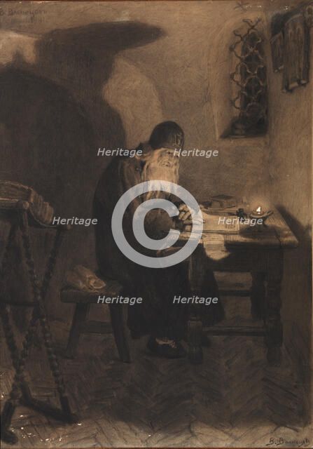 Pimen. Illustration to the Drama Boris Godunov by A. Pushkin. Artist: Vasnetsov, Viktor Mikhaylovich (1848-1926)