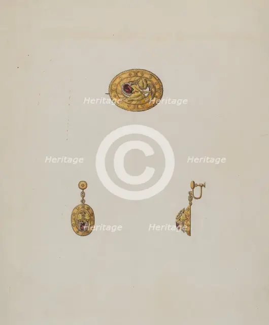 Pin and Earring Set, c. 1936. Creator: Bertha Semple.