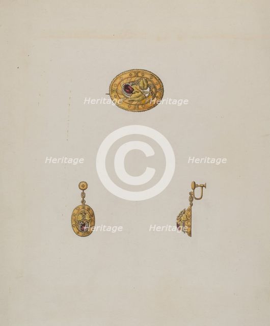 Pin and Earring Set, c. 1936. Creator: Bertha Semple.