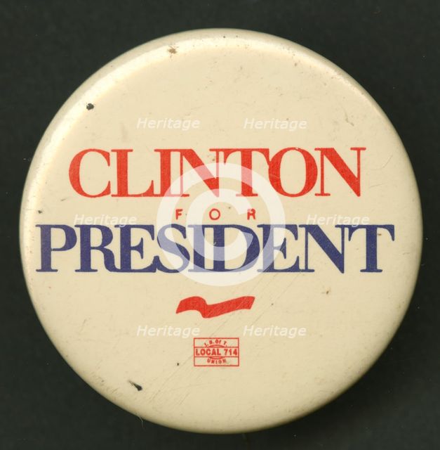 Pinback button for Clinton presidential campaign, 1992-1996. Creator: Unknown.