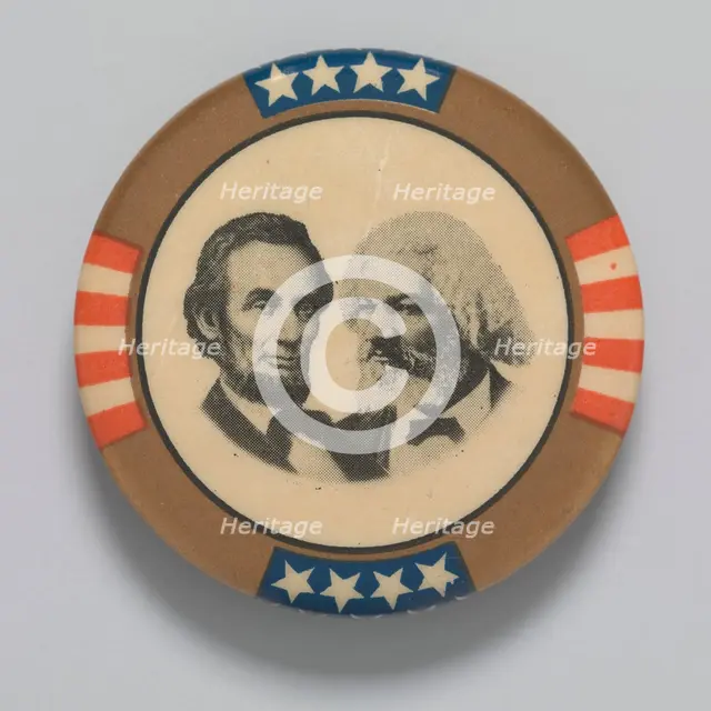 Pinback button featuring Abraham Lincoln and Frederick Douglass, 1960s. Creator: Unknown.