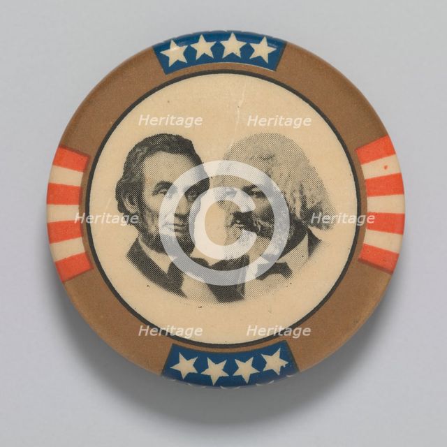 Pinback button featuring Abraham Lincoln and Frederick Douglass, 1960s. Creator: Unknown.