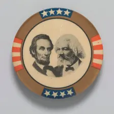 Pinback button featuring Abraham Lincoln and Frederick Douglass, 1960s. Creator: Unknown